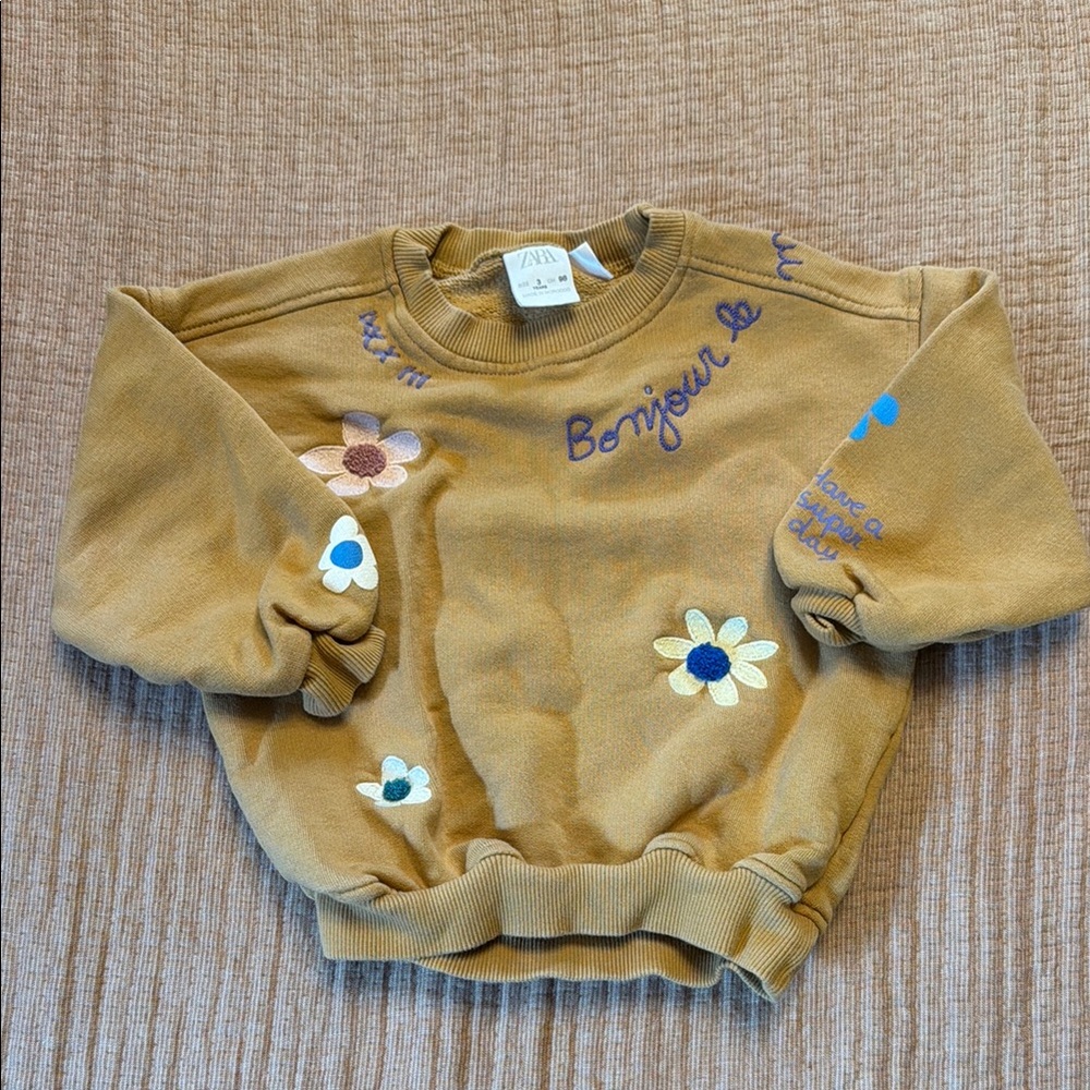 ZARA Girls' Mustard Floral Embroidered Sweatshirt